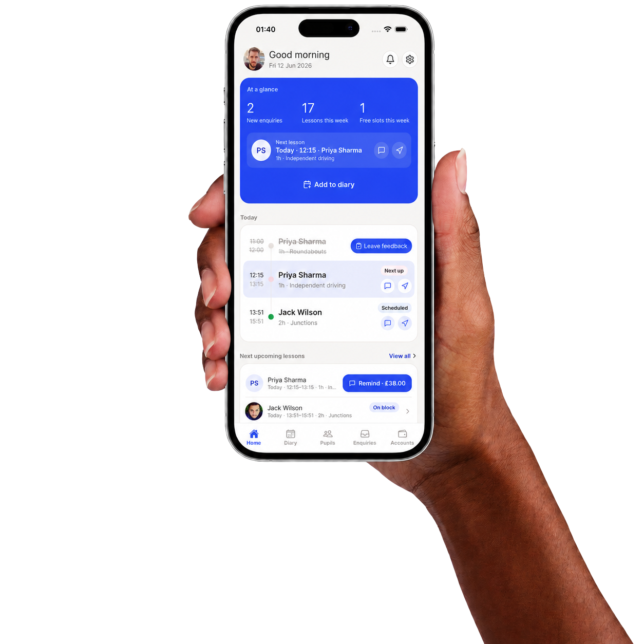 The Driive app showing an instructor's daily diary